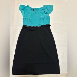 ALYX WOMENS BUSINESS CASUAL,WORK, OFFICE WAIST BELTED MIDI DRESS TURQUOISE BLACK